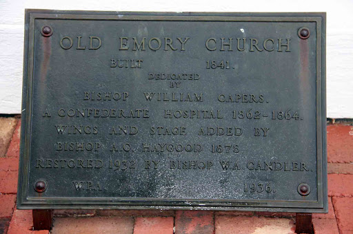 Built 1841 Dedicated by Bishop William Capers. A Confederate Hospital 1862 -- 1864. Wings and stage added by Bishop A. C. Haygood 1878. Restored 1932 by Bishop W. A. Candler. WPA 1936 Plaque...