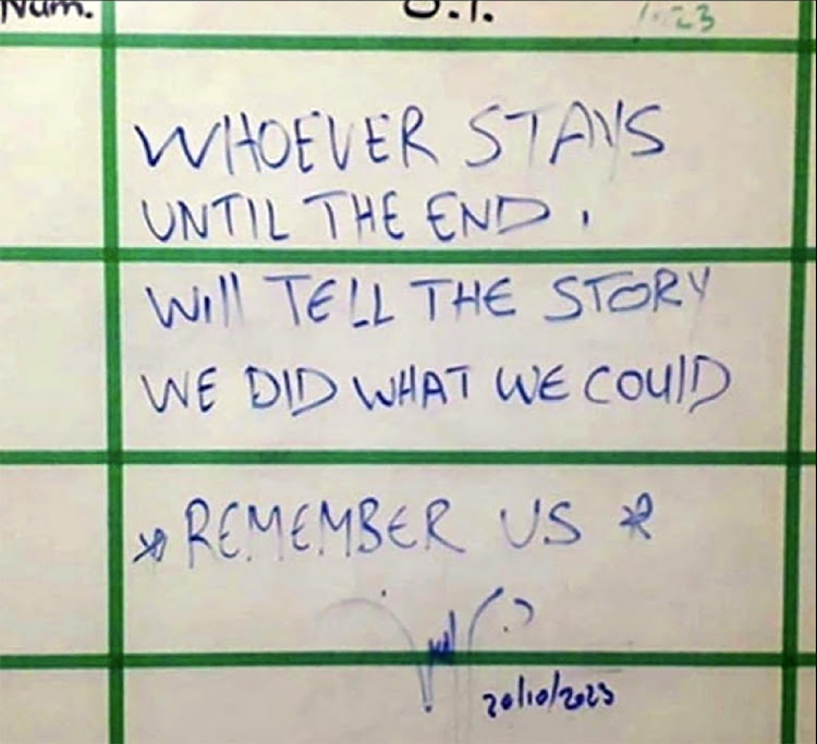 A hand-written message by a Médecins Sans Frontières doctor: “We did what we could. Remember us”.The doctor who wrote the message, Dr Mahmoud Abu Nujaila, was killed in the strike