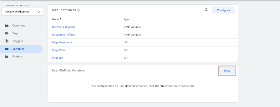 Capture d'écran du bouton "Nouvelle" mis en surbrillance dans la section "Variables définies par l'utilisateur" de la page "Variables"