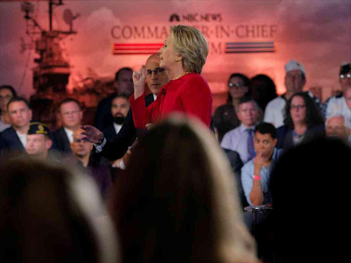 US Democratic presidential candidate Hillary Clinton speaks at a presidential candidates 'Commander-in-Chief' forum aboard the decommissioned aircraft carrier 'intrepid' in New York, United States September 7, 2016. /REUTERS