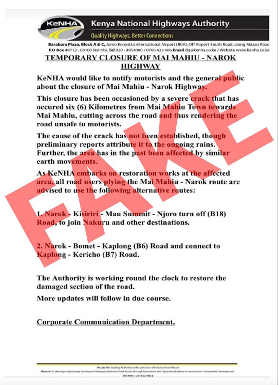 KeNHA flags report on the temporary closure of the Mai Mahiu - Narok Highway as fake.