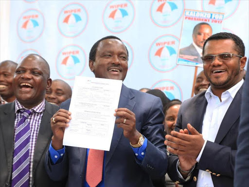 Kalonzo Musyoka when he presented his papers for nomination as the Wiper presidential flagbearer to the party’s National Elections Board on March 16 /DENNIS KAVISU