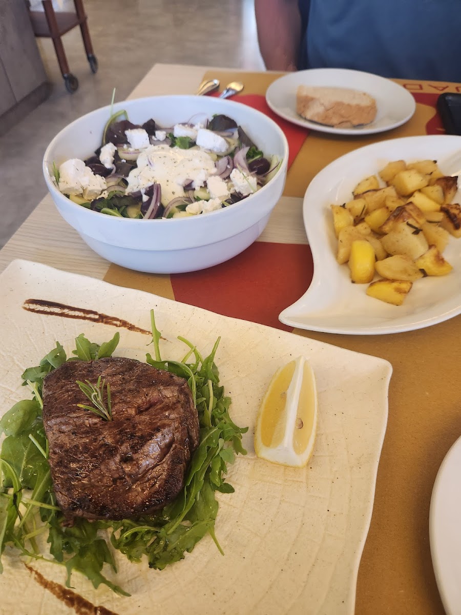 Steak, Greek Salad, Roasted Potatos