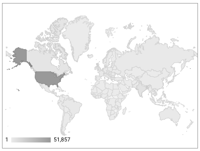 A geo map of the world displays web sessions per country with the United States highlighted in dark gray, and a gray gradient scale underneath from light gray to dark and a range of 1 to 51,857. 