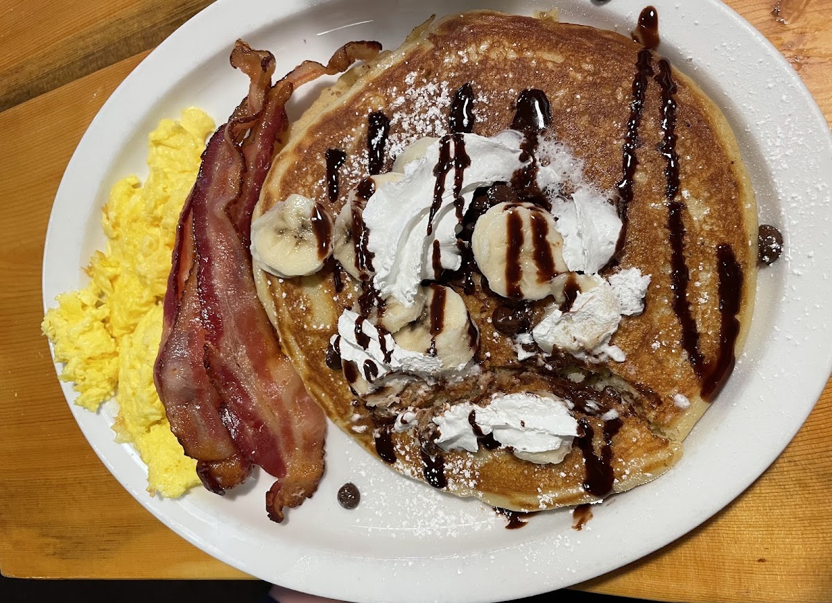 GF Pancake breakfast combo. Pictured here is the banana chocolate chip pancake.