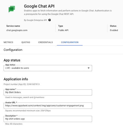 Chat API Application info configuration