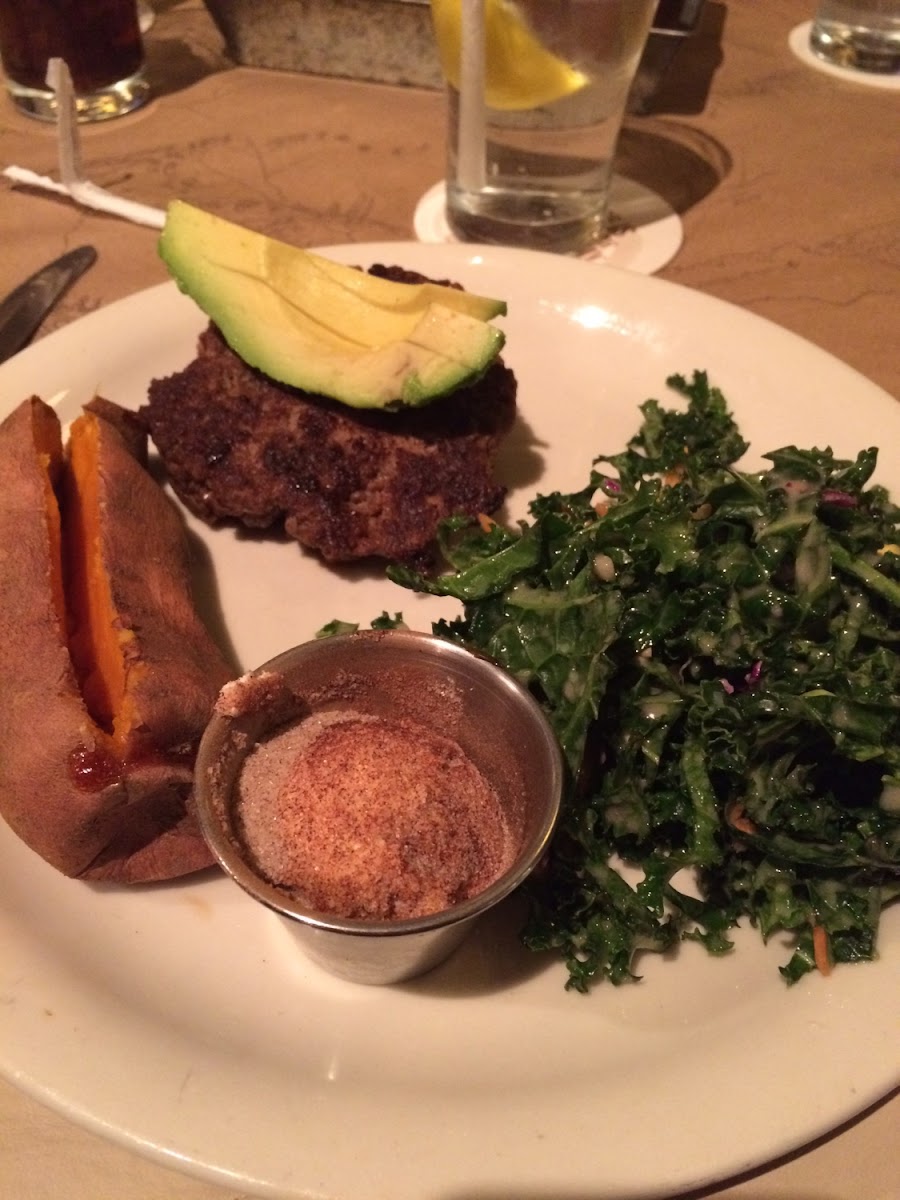 Great bunless burger w/kale salad and sweet potatoe! (They have GF buns if you want one)