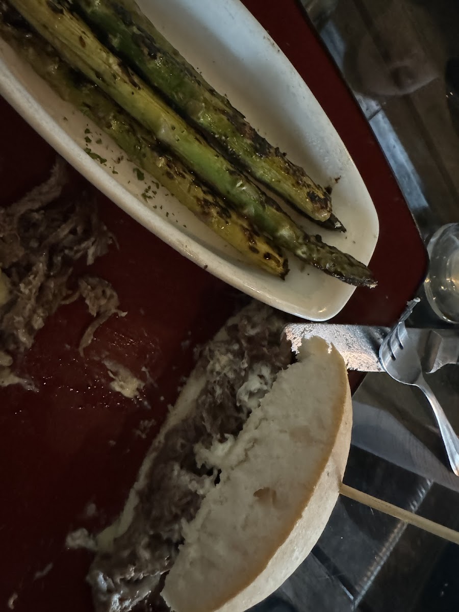 Sandwich and charred asparagus