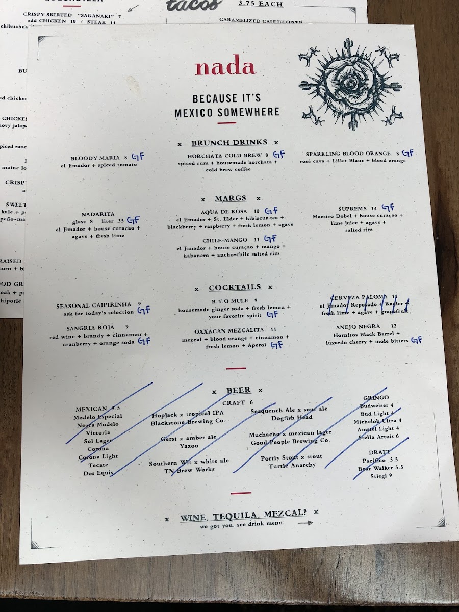 Nada gluten-free menu