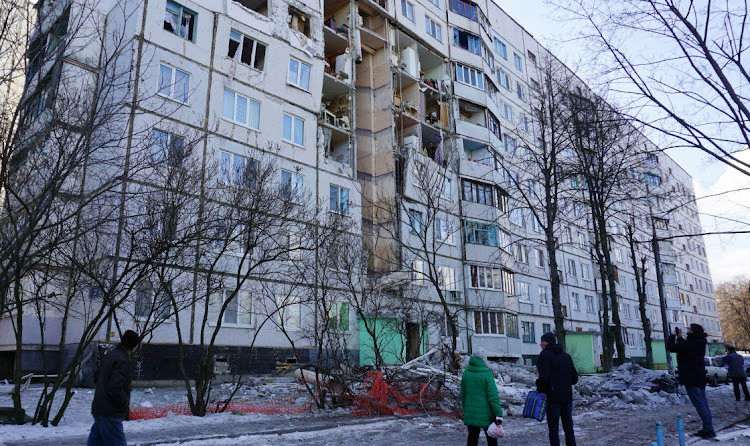 A residential building damaged by shelling in Kharkiv, Ukraine, February 27 2022. Picture: VITALIY GNIDYI/REUTERS