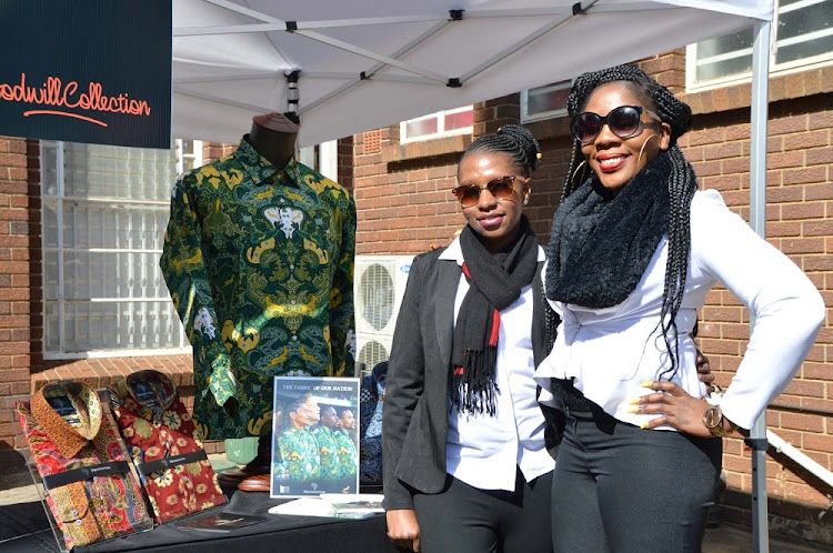 Tsitsi Chakomoka and Precious Masondo from Presidential, a clothing company that produced the famous Nelson Mandela shirts, at the Wanderers Stadium in Illovo for the 16th Nelson Mandela Annual Lecture on July 16 2018.