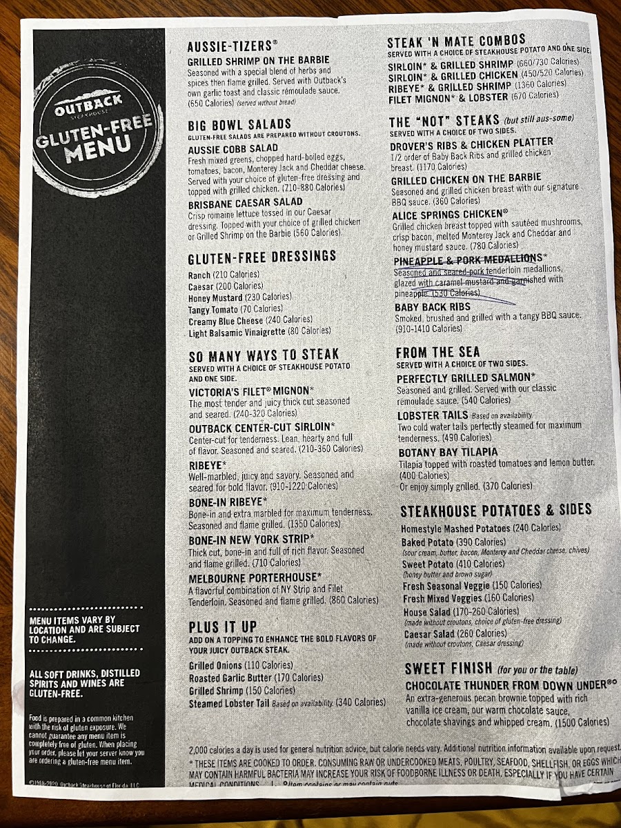 Outback Steakhouse gluten-free menu