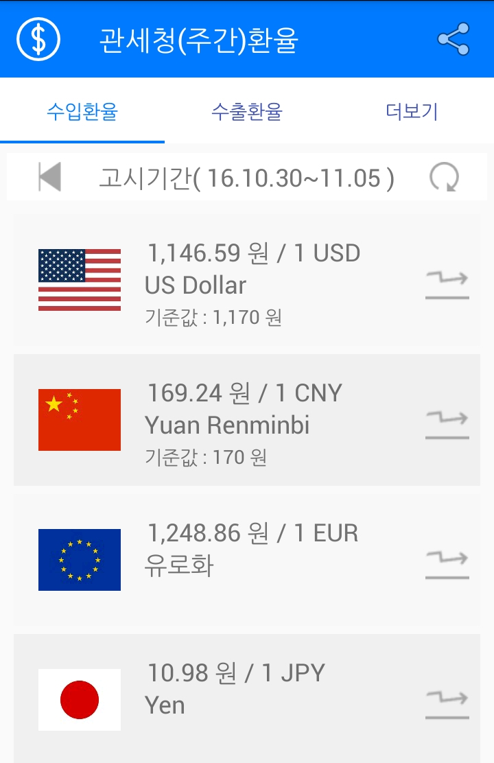 Android application 관세청(주간)환율 screenshort