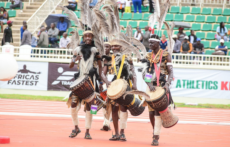 Traditional dancers during the Absa Kip Keino Classic sponsored by Absa Bank, at the Nyayo National Stadium on April 20, 2024.