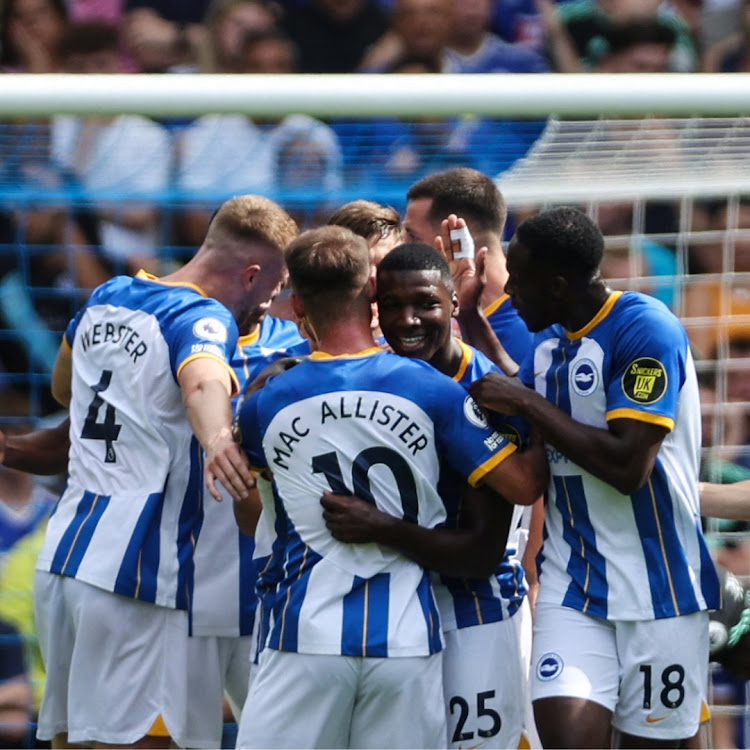 Brighton players celebrate during their match against Leicester City