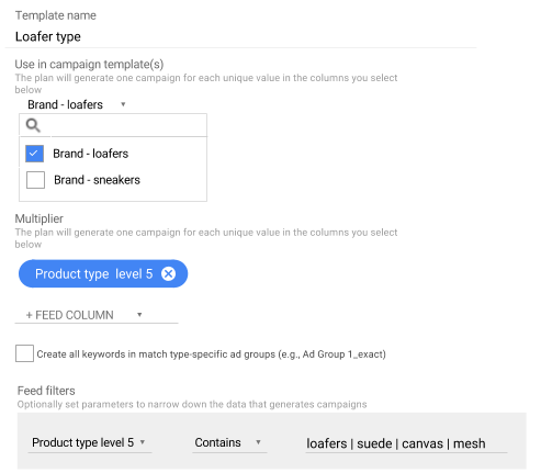 Use filters to generate ad groups for specific types of items.