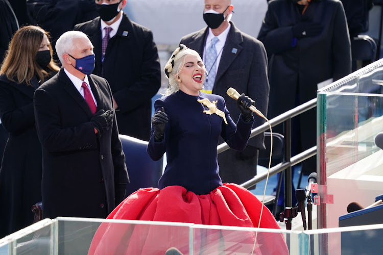 Lady Gaga sings the National Anthem during the inauguration ceremony of US president Joe Biden on January 20 2021 in Washington, DC.