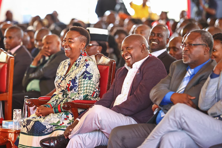 First lady Rachel Ruto and Nyeri Governor Mutahi Kahiga at the National Drama and Film Festival winners' State concert at the Sagana State Lodge, Nyeri County on April 18, 2024.