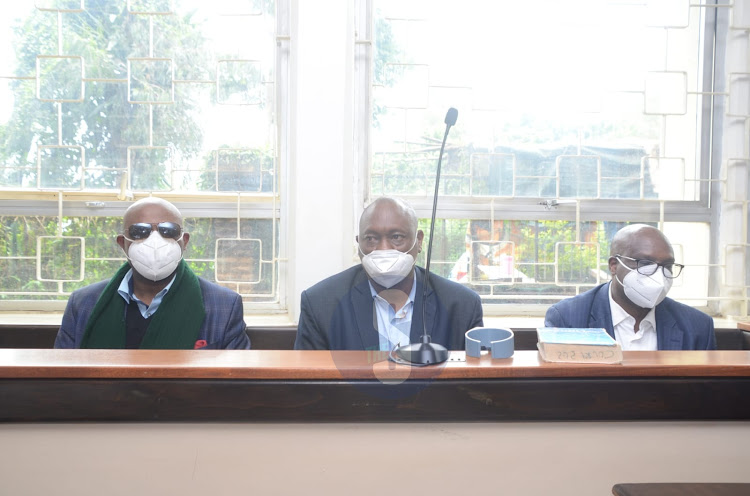 John Mbaya Matiri, John Kiplagat Ngetich and Joseph Muna Kimote before trial magistrate Celesa Okore at Milimani Anti-corruption court on May 2, 2024