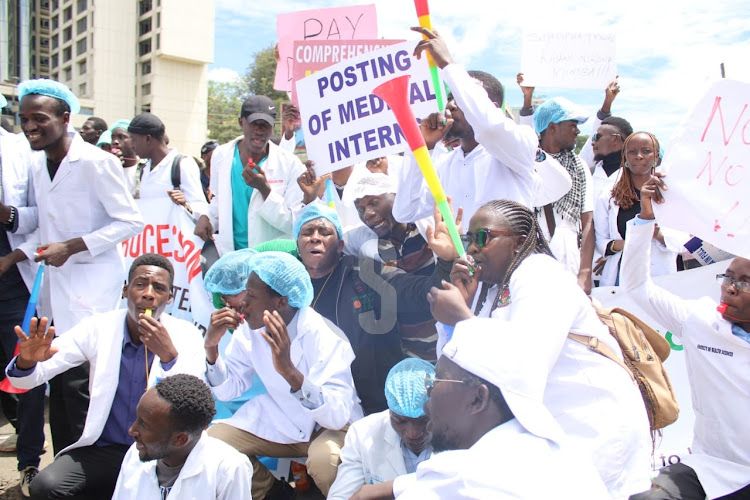 Doctors, Interns and nurses demonstrate as they head to the Parliament, Nairobi on April 9, 2024