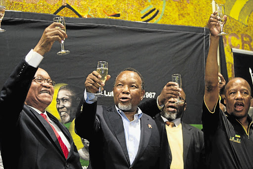 President Jacob Zuma, Deputy President Kgalema Motlanthe, ANC secretary-general Gwede Mantashe and party spokesman Jackson Mthembu celebrate Zuma's 70th birthday in this file photo.