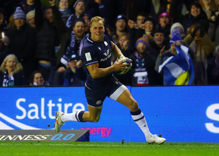 Scotland’s Duhan van der Merwe scores his third try in the Six Nations Championship clash against England at Murrayfield Stadium, Edinburgh, Saturday. Picture: REUTERS/LEE SMITH