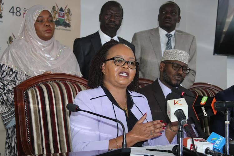 COG chair Anne Waiguru speaking during a full council meeting to discuss the ongoing doctors strike at the COG headquarters, Nairobi on April 16, 2024/