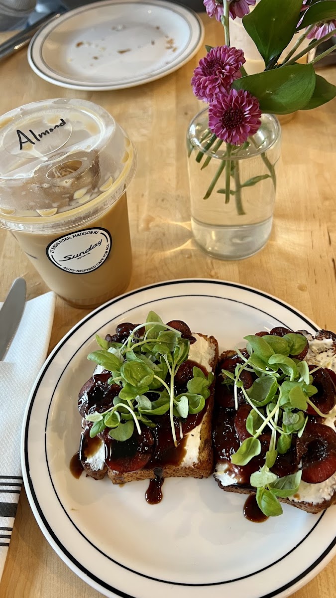 Lemon ricotta cherry preserves toast with microbasil on gluten free toast!