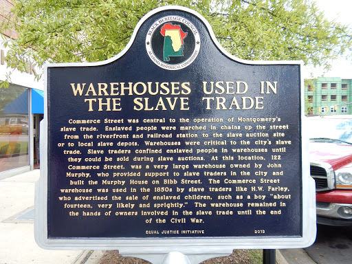 WAREHOUSES USED IN THE SLAVE TRADE Commerce Street was central to the operation of Montgomery's slave trade. Enslaved people were marched in chains up the street from the riverfront  and railroad...