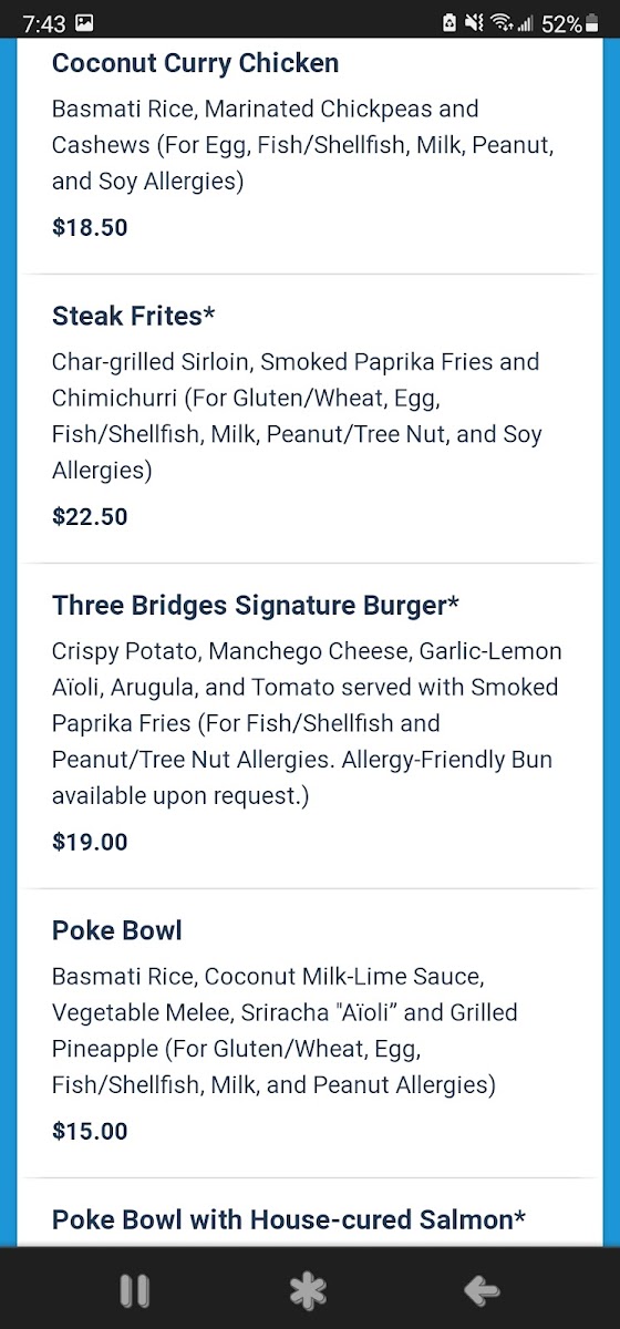 Three Bridges Bar & Grill gluten-free menu