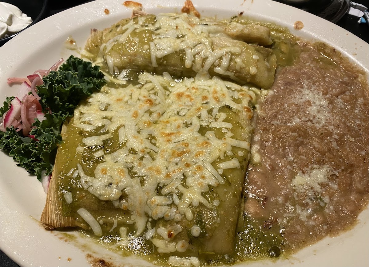 Shredded Chicken Tamales with Refried Beans