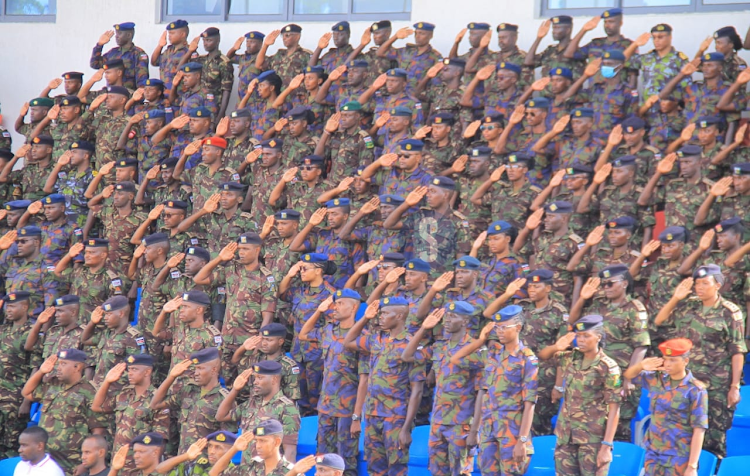 KDF Soldiers give the fallen CDF General Francis Ogolla the final salute during a military honour and memorial service at Ulinzi Stadium, Lang'ata, Nairobi on April 20, 2024.
