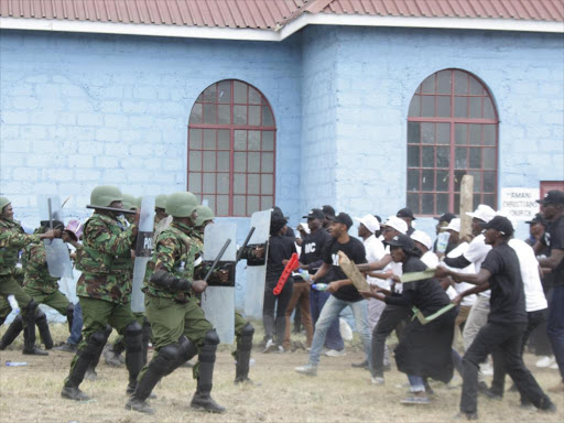 Anti-riots police officers battle rioters in mock post election violence protests at Embakasi Garrison on June 23, 2017. /JOSEPH NDUNDA