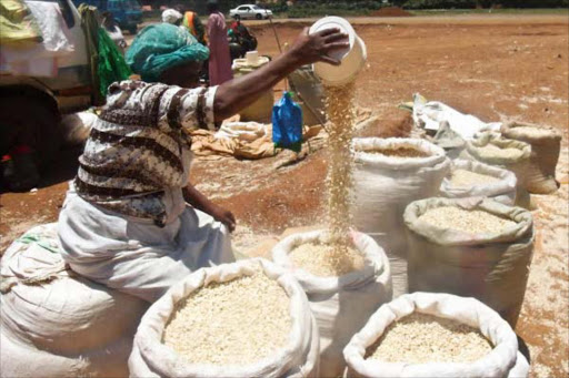 BAD FOR BUSINESS: A trader sells maize near the Kipchoge Stadium in Eldoret on September 25 last year. Farmers want government to stop maize imports from Uganda.