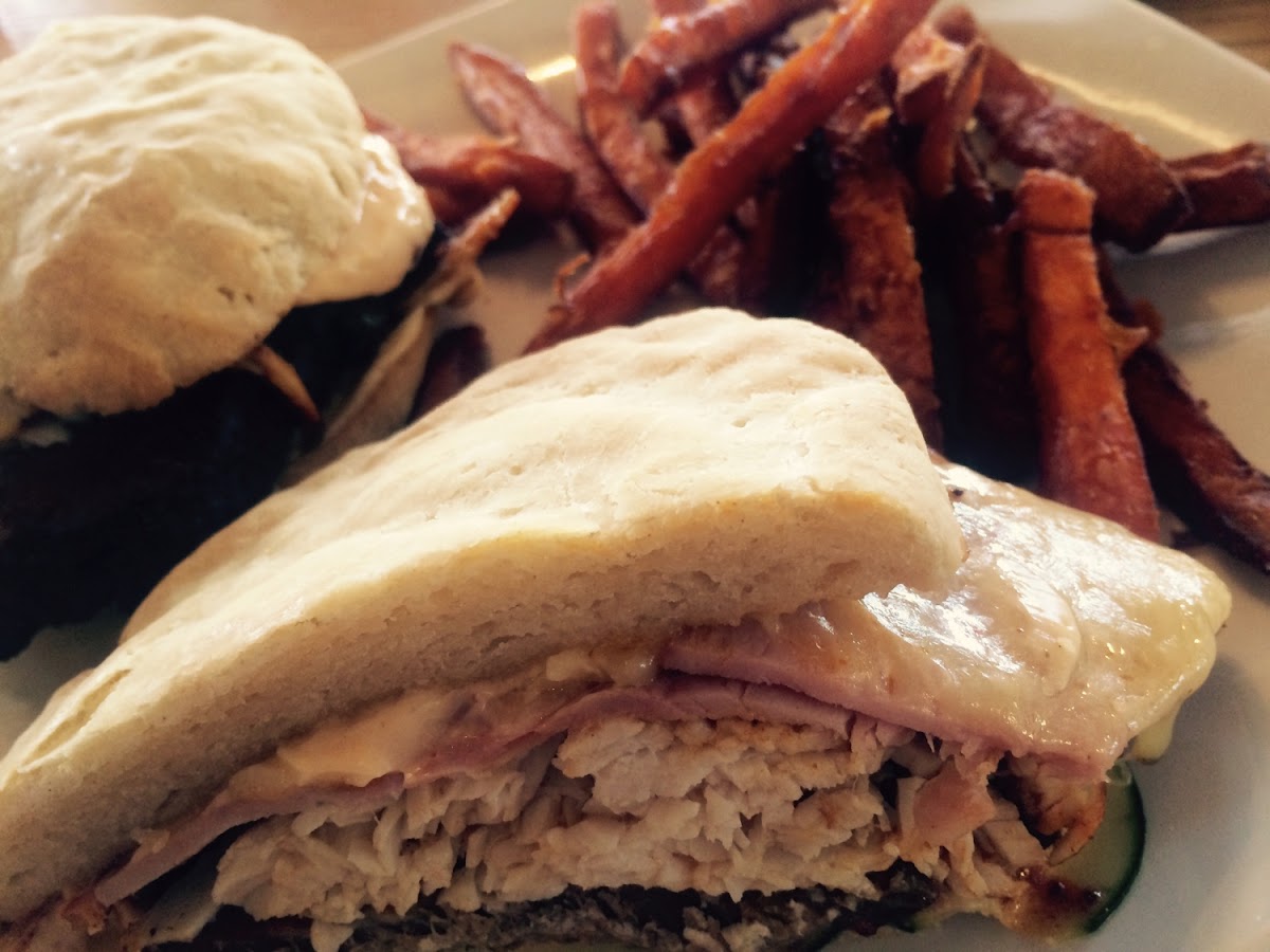 Gluten free Cuban sandwich and sweet potato fries. Not your typical Cuban but it was excellent!