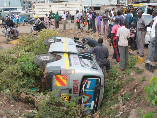 A matatu that lost control and ended up in a ditch in Homa Bay town, June 23, 2017. /ROBERT OMOLLO
