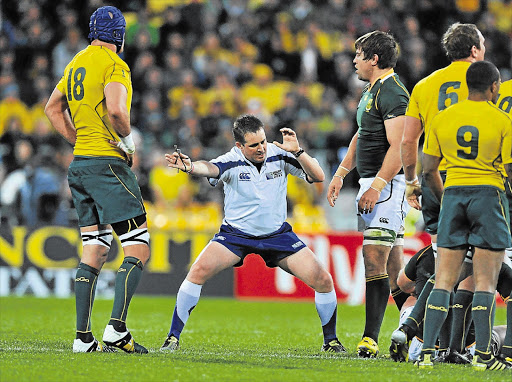 Referee Bryce Lawrence during Sunday's World Cup quarterfinal between the Boks and Wallabies. He has been accused of 'making a hash' of the game and turning the breakdown into a shambles Picture: DUIF DU TOIT/GALLO IMAGES