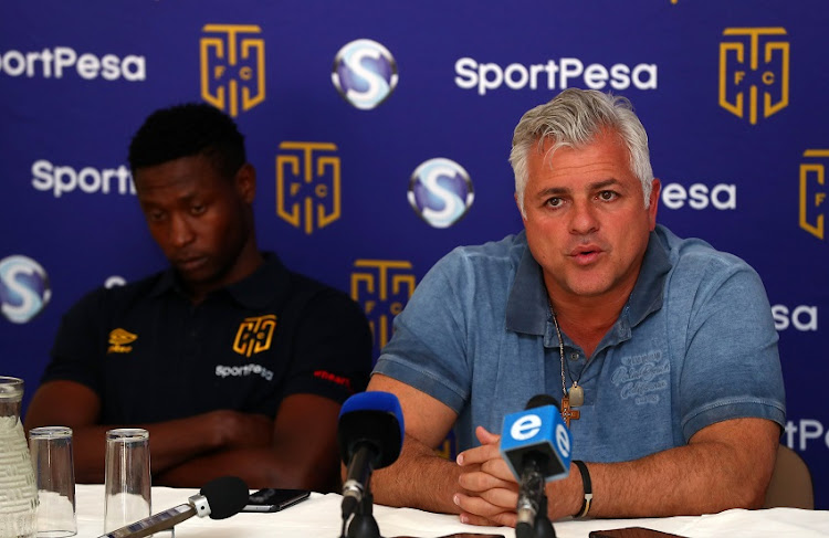 John Comitis, Chairman of Cape Town City (r) and Masoud Juma of Cape Town City (l) during the Absa Premiership 2017/18 Cape Town City FC Press Conference at Hellenic Club, Cape Town on 17 January 2018.