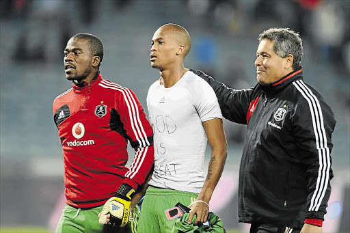 HEIR APPARENT: Brighton Mhlongo, right, and Senzo Meyiwa at the Premier Soccer League match between Orlando Pirates and Black Leopards