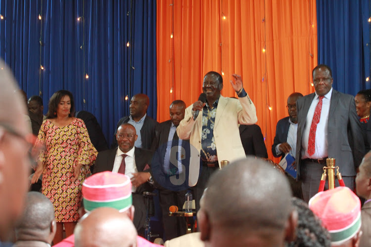 Azimio leader Raila Odinga speaks during a meeting with religious leaders from Nairobi County at Westlands Primary School on November 15, 2023