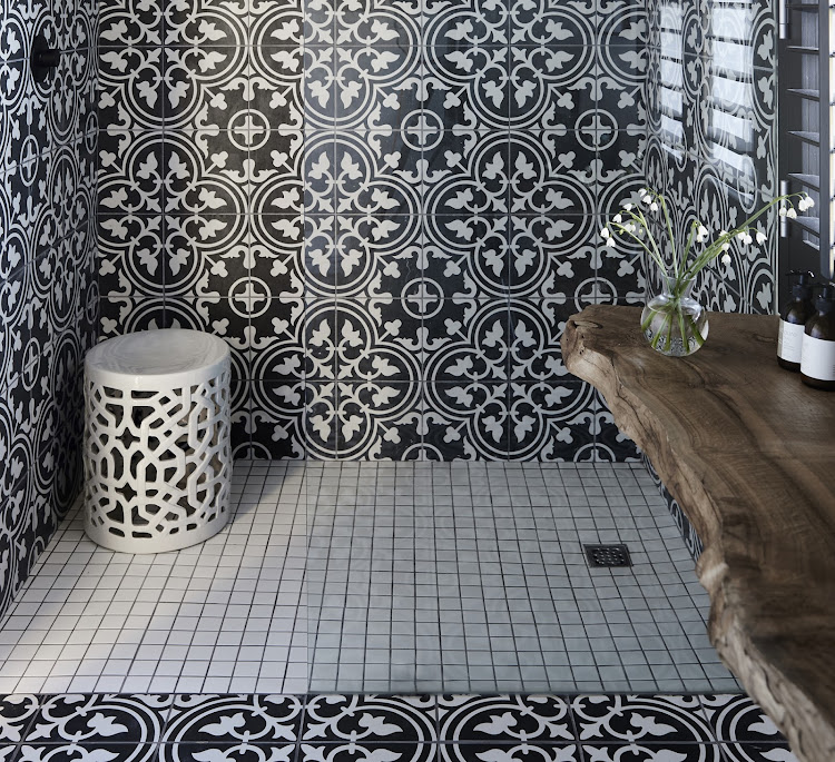 The shower in the downstairs guest suite stays true to the Templeton’s love of a monochrome colour palette but is a riotous celebration of pattern.