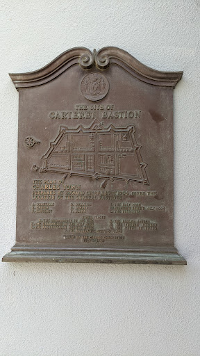 THE SITE OF   CARTERET BASTION   THE PLAN OF   CHARLES TOWN   PREPARED BY EDWARD CRISP ABOUT 1704, GIVES THE LOCATION OF THE SEVERAL BASTIONS     PLACED BY THE CITY OF CHARLESTON   JULY...
