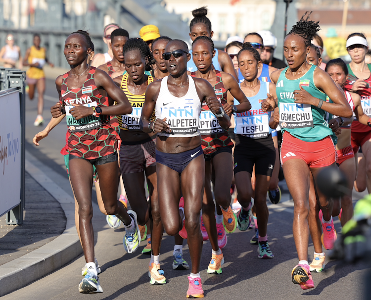 Kenya's Rosemary Wanjiru, Israel's Lorna Salpeter and Ethiopia’s Tsehay Gamechu lead the pack in the women's marathon at Budapest 2023