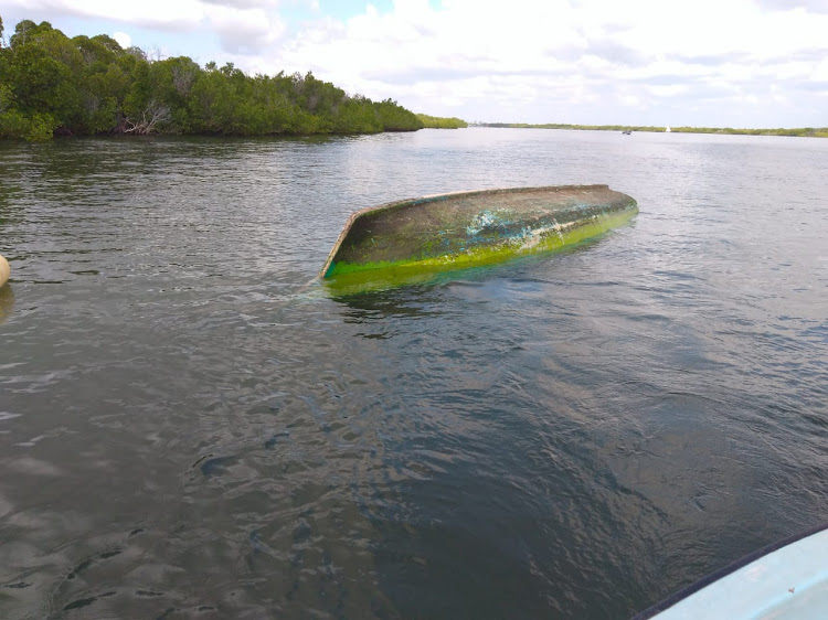 A capsized boat.