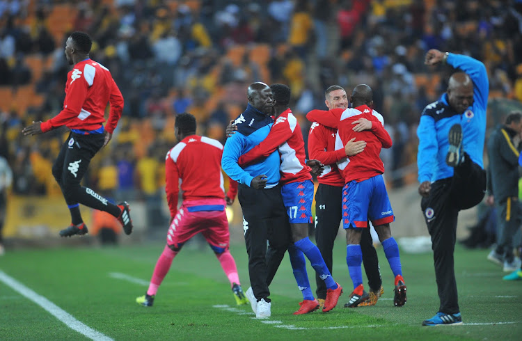 Kaitano Tembo coach of Supersport United celebrates with his bench during the MTN8 Semi Final 2nd Leg match between Kaizer Chiefs and Superspot United on the 01 September 2018 at FNB Stadium.