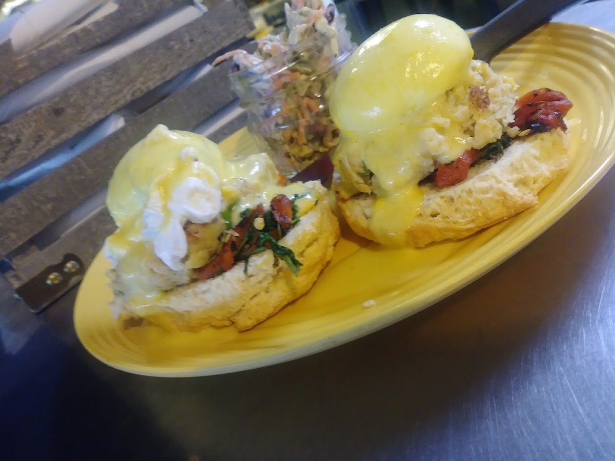 Crabcake benedict-biscuits can be subbed out to Gluten Free bread