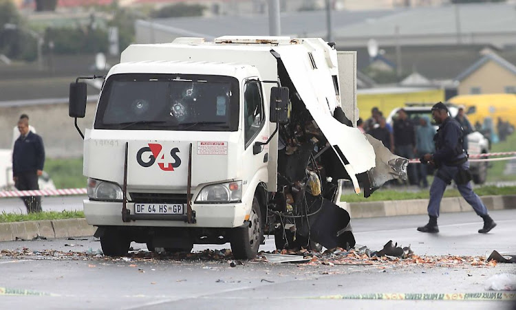 The G4S van that was damaged during the cash-in-transit heist on the Jakes Gerwel road in Athlone, Cape Town on June 18, 2018.