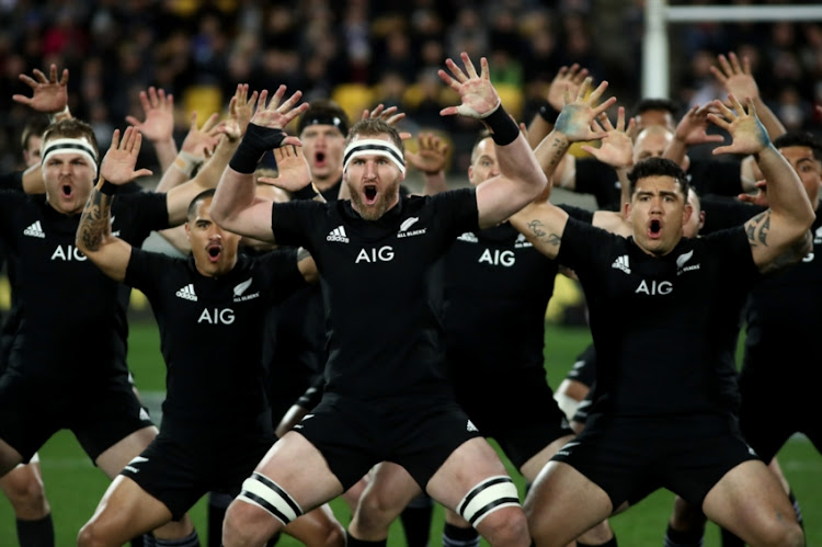 Kieran Read of the All Blacks performs the haka during The Rugby Championship match between the New Zealand All Blacks and the South Africa Springboks at Westpac Stadium on September 15, 2018 in Wellington, New Zealand.