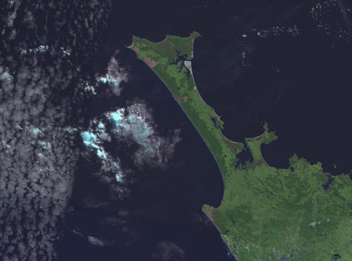 NASA World wind image of Aupouri Peninsula in New Zealand. Ninety Mile Beach, New Zealand is on the west (left) side of the peninsula.