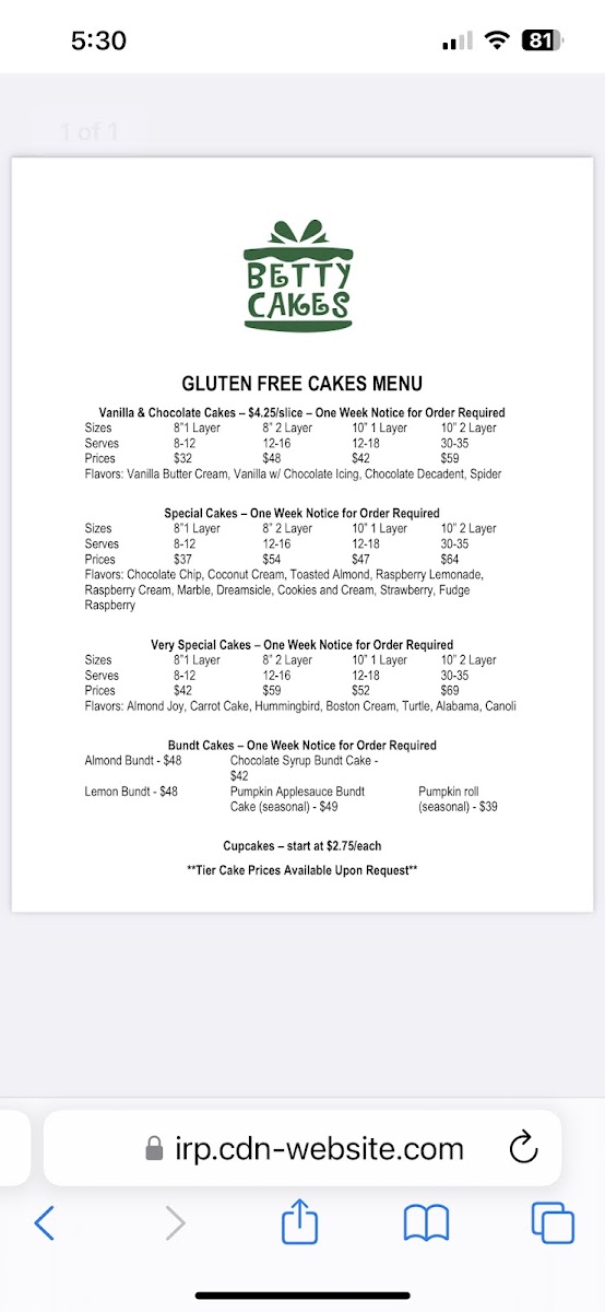 Betty Cakes Cafe gluten-free menu